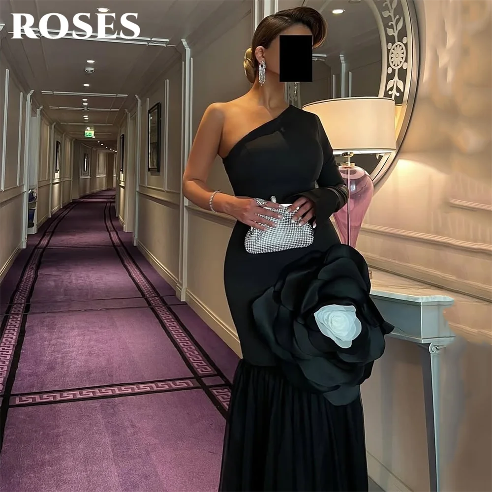 

ROSES Black Prom Dresses One Shoulder Evening Dress with 3D Floral Rose Celebrity Dress Mermaid Evening Dresses Customized