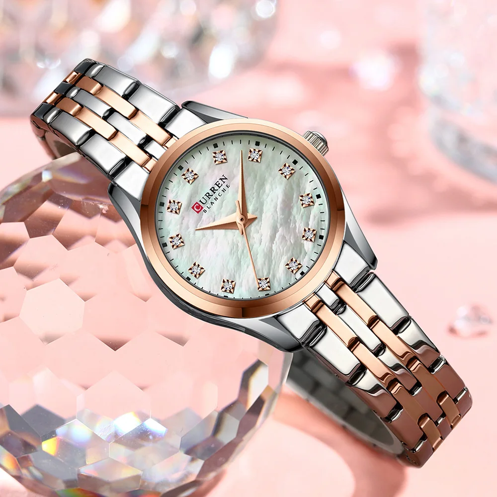 CURREN Women's Luxury Fashion Watch - Elegant Rose Golden-Tone Stainless Steel, Marble Dial with Crystal Accents, Quartz Movemen