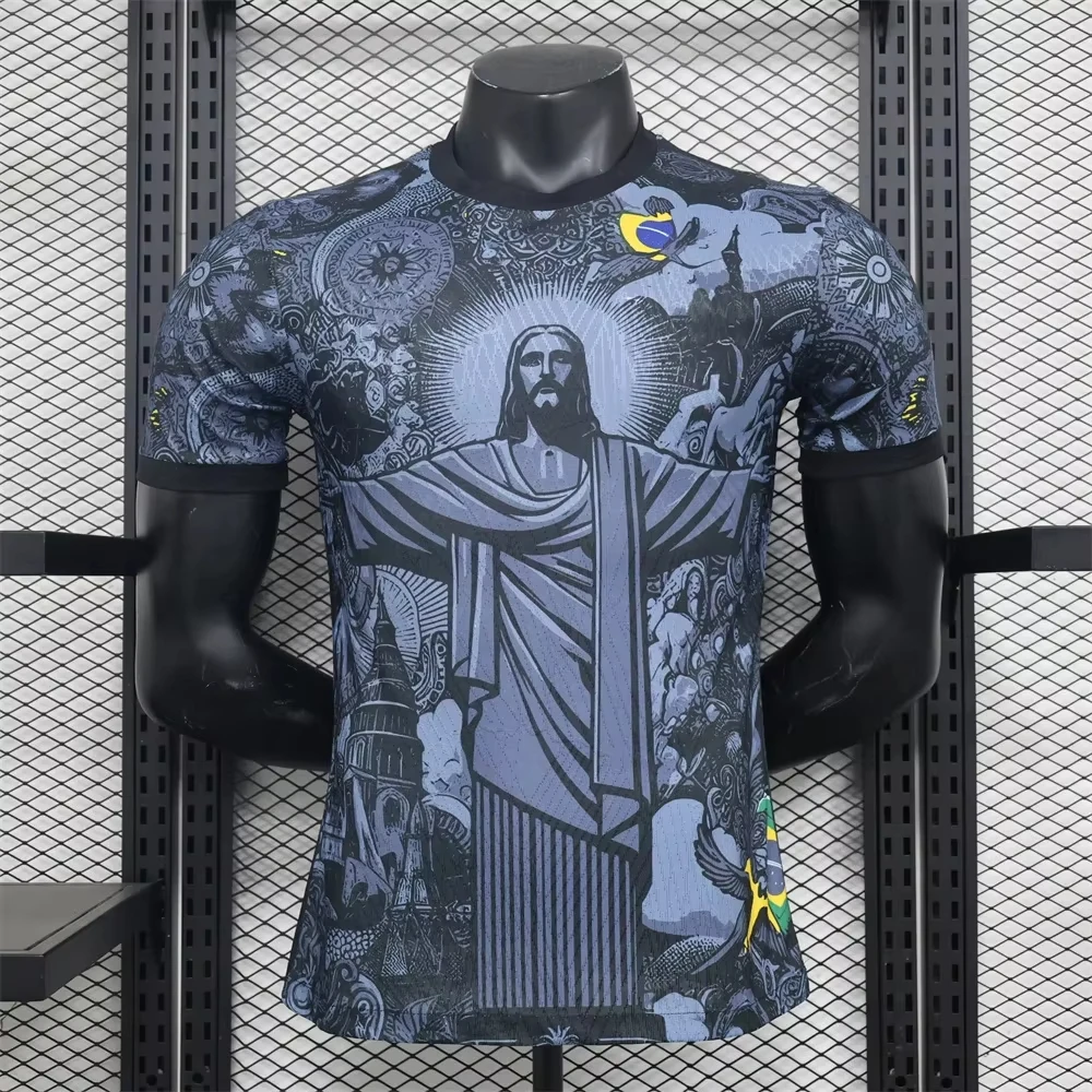 Summer Football Training Top Brazil Special Edition Jesus Black Grey Football Jersey Men's Women's Outdoor Quick-drying T-shirts