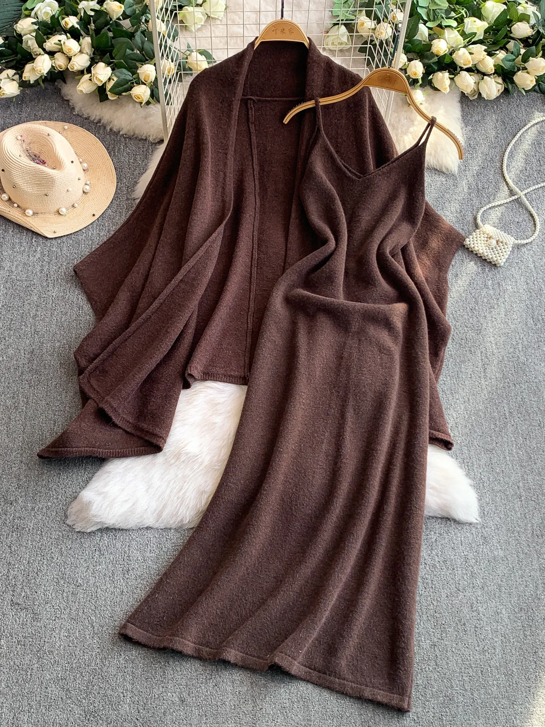 

Ele Mid-Length Soft Fce Knitted Jaet Women's Sle Loose Fit V-Ne Two-Piece Set Casual Autumn Wear High Waist