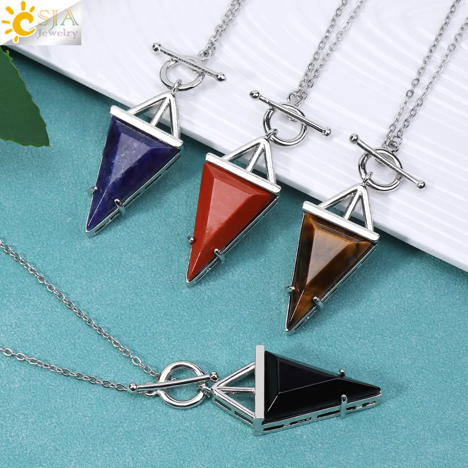 CSJA Vintage Triangular Prism Crystal Necklace Adjustable Natural Stone Rose Quartz Necklaces for Women Chain Jewelry H832