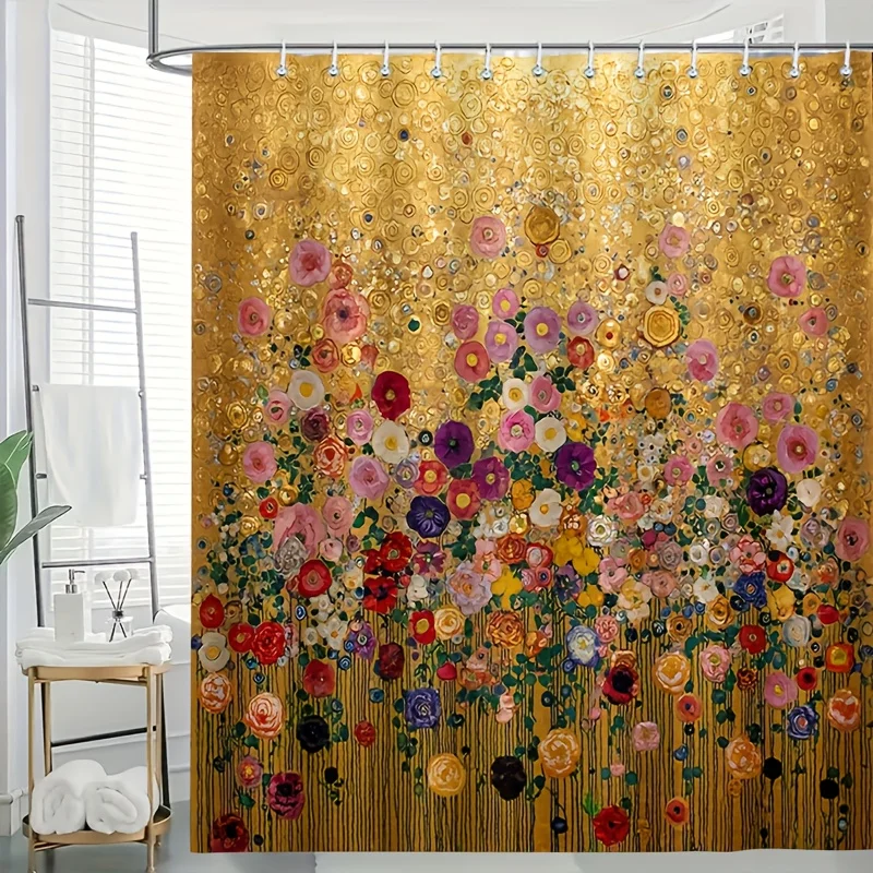 Luxury Gold Floral Print Shower Curtain Waterproof Polyester Bathroom Decor Curtain for Tropical Bloom Pattern Home Accent Spa S - view 4