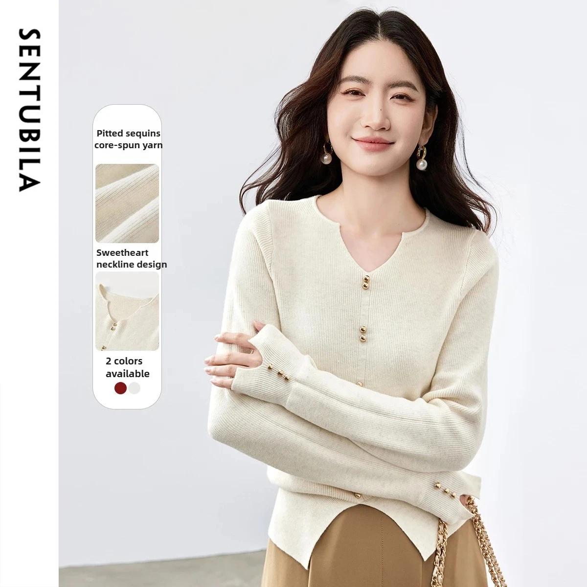 

SENTUBILA повседневный вязаный свитер, женский теплый однотонный топ с длинными рукавами, осень 2022, свободный обтягивающий женский пуловер с v-образным вырезом W53HA3271X