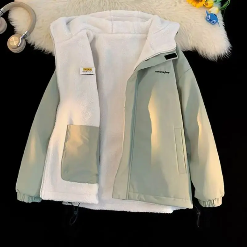 Men's Drawstring Hooded Parkas Lined with Lamb Fleece Double Sided Wear Coat Solid Color Windproof Plush Thick Ribbed Hem Jacket