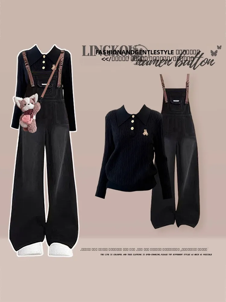 

Large Size Autumn Winter College Style Knitted Top And Denim Overalls Women's Fashion Set High Waist Long Pants Casual Look
