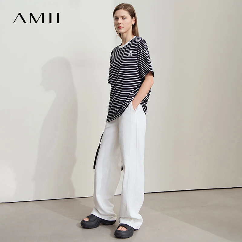 Amii Minimalist T-shirt Women Loose Elastic Striped Pure Cotton Dropped Shoulder Short Sleeves Printed Casual Tee Tops 12522002