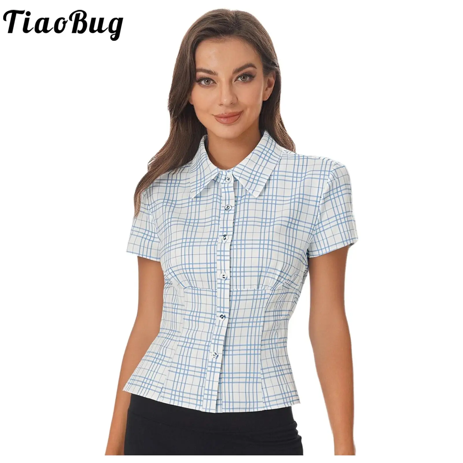 

Women Stylish Lines Check Print Basic Shirt Tops Lapel Short Sleeve Front Button-down Plaid Blouse for Daily Casual Vacation