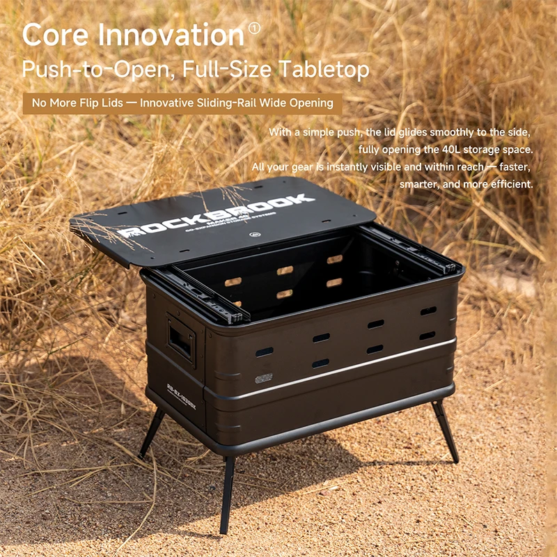 C72 Rockbrook Portable 40L Aluminum Storage Box Stainless Slide Table Folding Legs Quick-Open For Outdoor Camping Gear