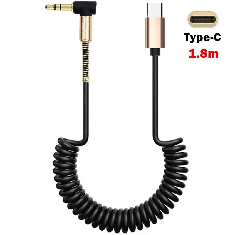 Spring Stretching USB-C Male Smartphone to 90 Degrees 3.5mm Male Extended Earphones Audio Stereo Car Cable 1.8m