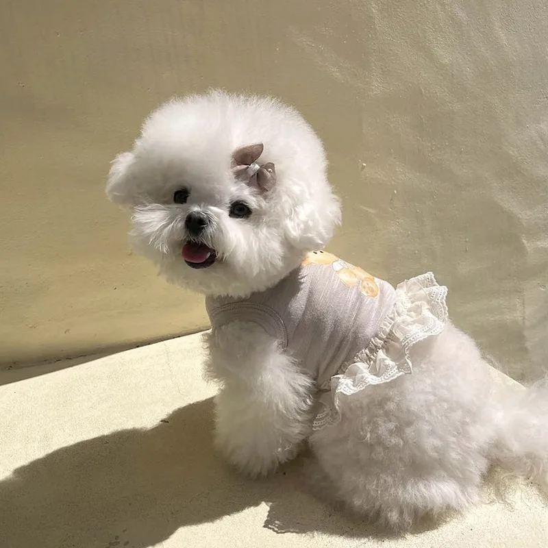 Grey Puppy Wedding Dress Cartoon Print Dog Clothes Breathable Pullover for Small and Medium-sized Dogs Female Dog Skirt