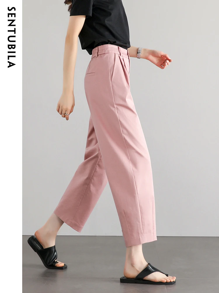 SENTUBILA Lyocell Cotton Blend Women Cropped Pants 2024 Summer Simple Elastic Waist Ankle-length Haren Pants Womens Trousers