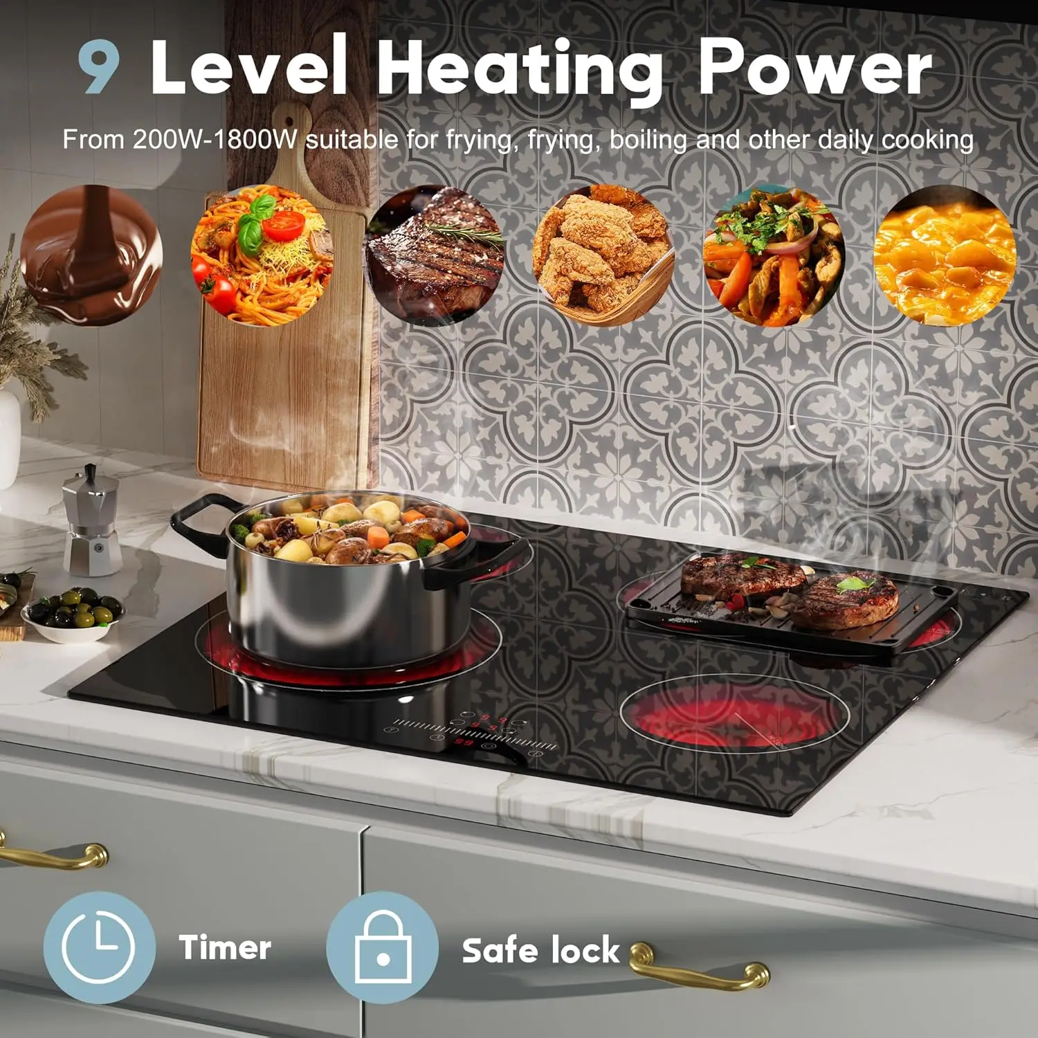 مسطح سيراميك كارينير 4 مناطق 60 سم مدمج، منطقة بيضاوية قابلة للتوسيع، تحكم منزلق، قفل أمان، مؤقت، بدون قابس، سلكي صلب #4