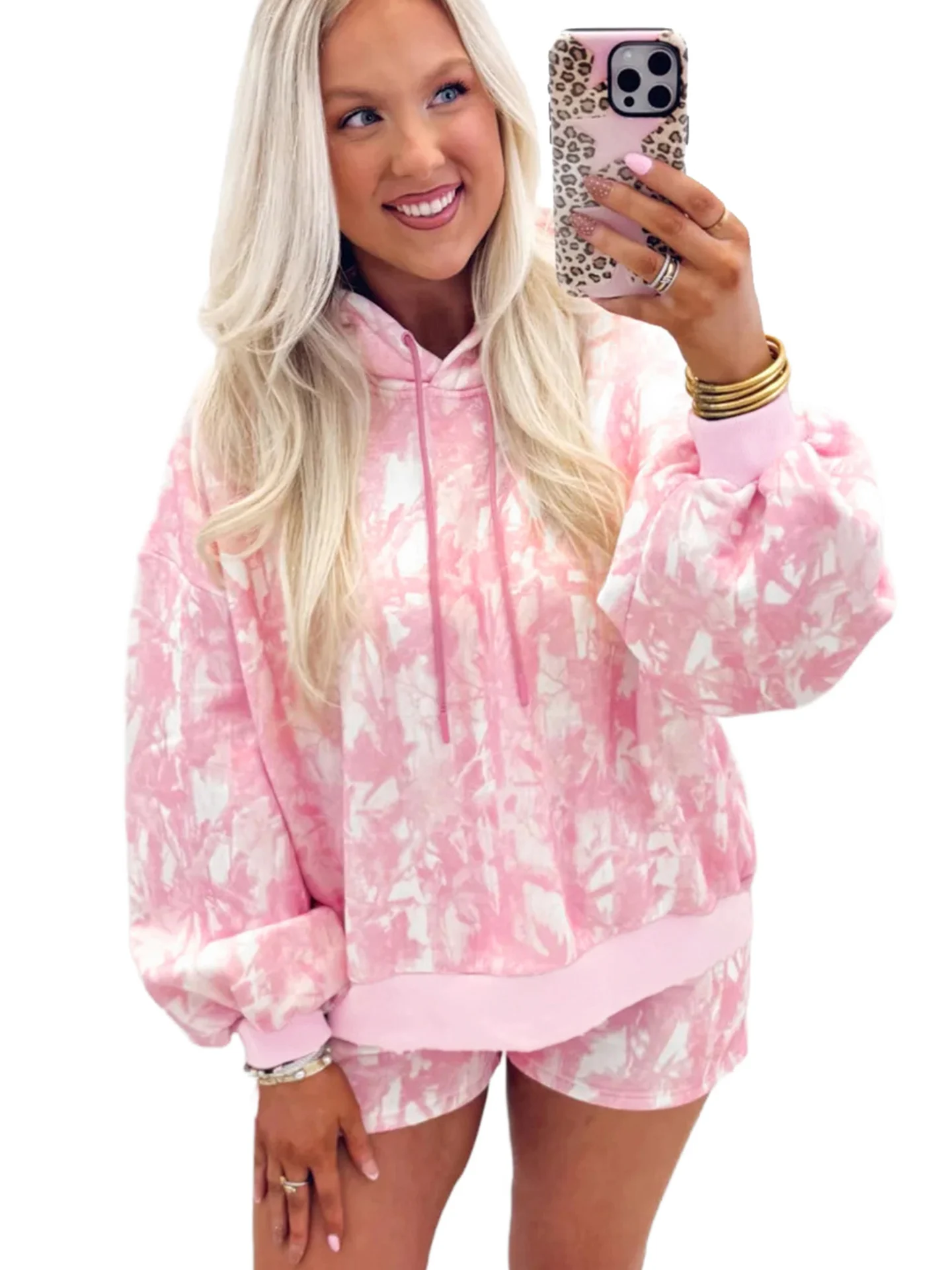 DearLover Casual Tie-Dye Hoodie Shorts Set Women's Spring Autumn New Style Two-Piece Suit High Waist Polyester Fabric Warmth