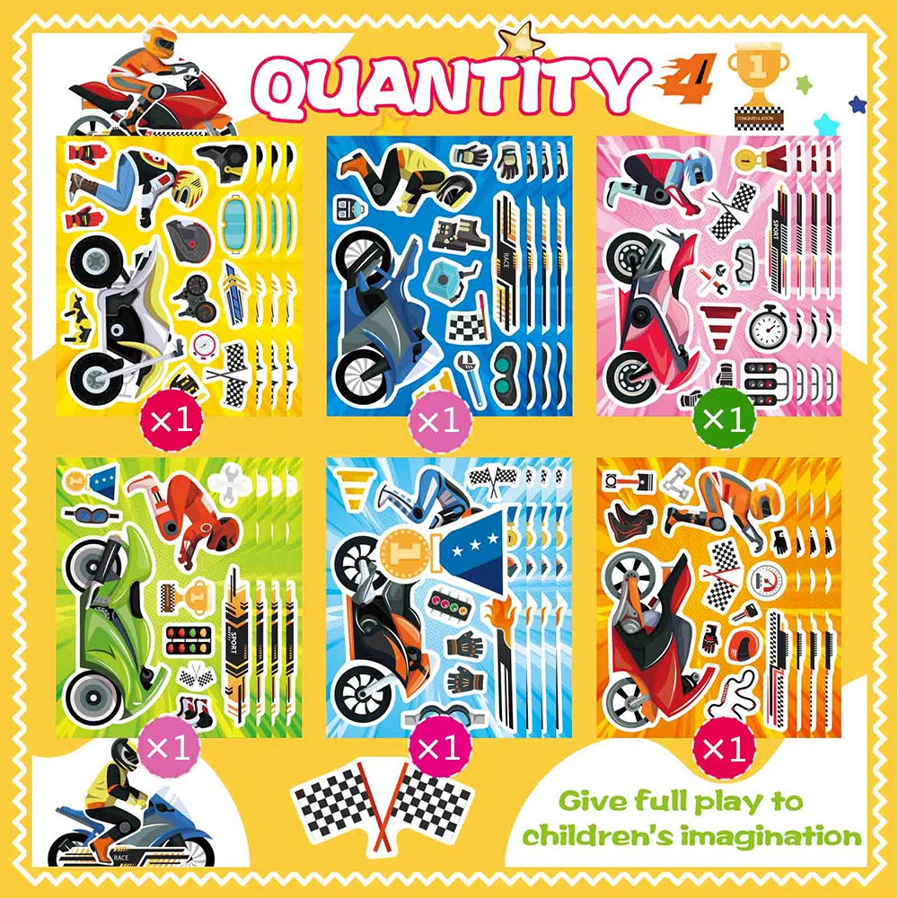 6/12Sheets DIY Motorcycle Make a Face Puzzle Stickers Kids Game Funny Assemble Jigsaw For Kids Boys Children Toys Party Gifts