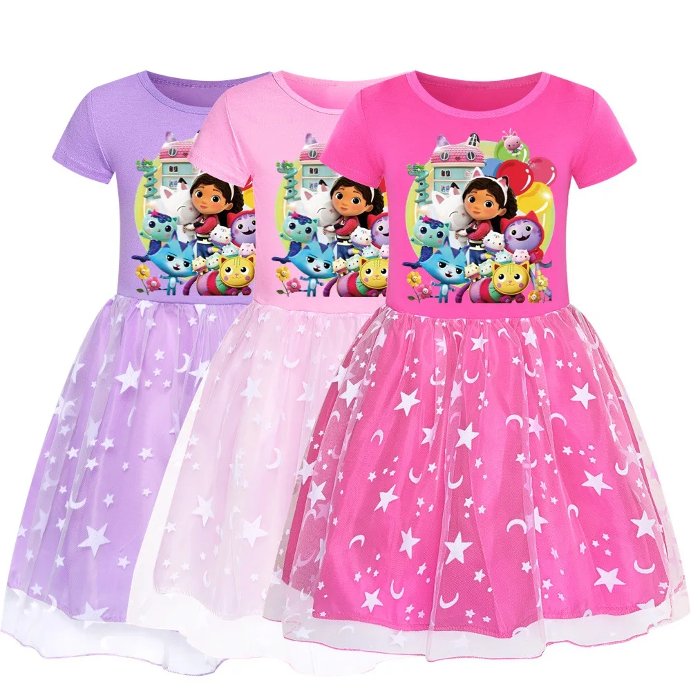 Gabbys Dollhouse Clothes Baby Girls Rainbow Dresses with Headdress Kids Cartoon Gabby Cats Tastic Wedding Party Princess Vestido