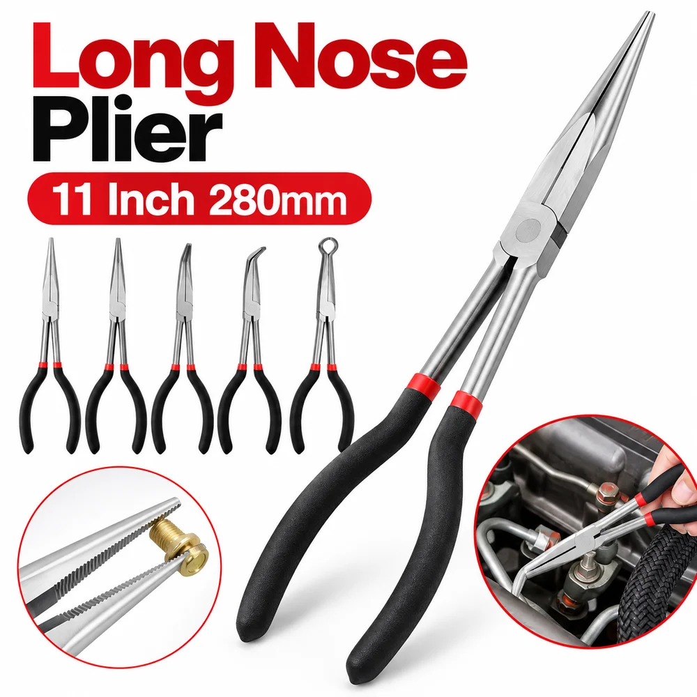 1Pcs 11 Inch Long Nose Pliers Carbon Steel 280mm Long Handle Plug Puller Pliers 0 25 45 90 Degree Tips Bent Handle