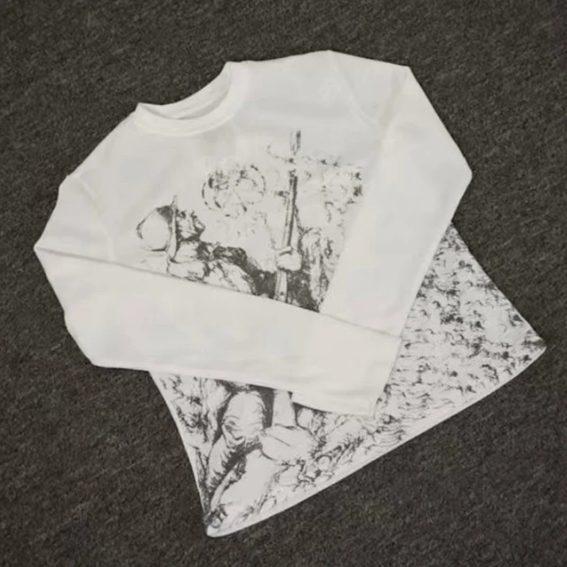 Streetwear Vintage Art Print PEACINWAR Long Sleeve Base T-Shirts Portrait Sketch Print Casual Man Tees