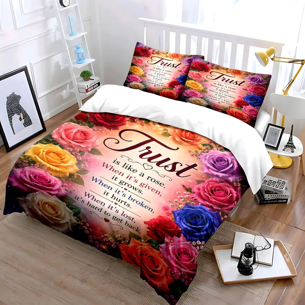 Seven-Colored Rose Bible Quotes Printed Duvet Cover Set1 Duvet Cover+2 PillowcaseMulti Size Bedroom Bedding Decor Luxury gifts