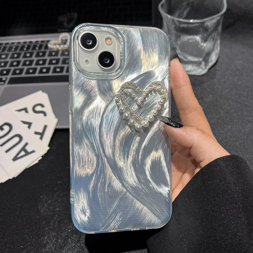 Luxury Laser Silver Case For iPhone 16 Pro Max 12 13 14 11 15 Plus Feather Plating Glitter Grip Tok Holder With Chain Hard Cover