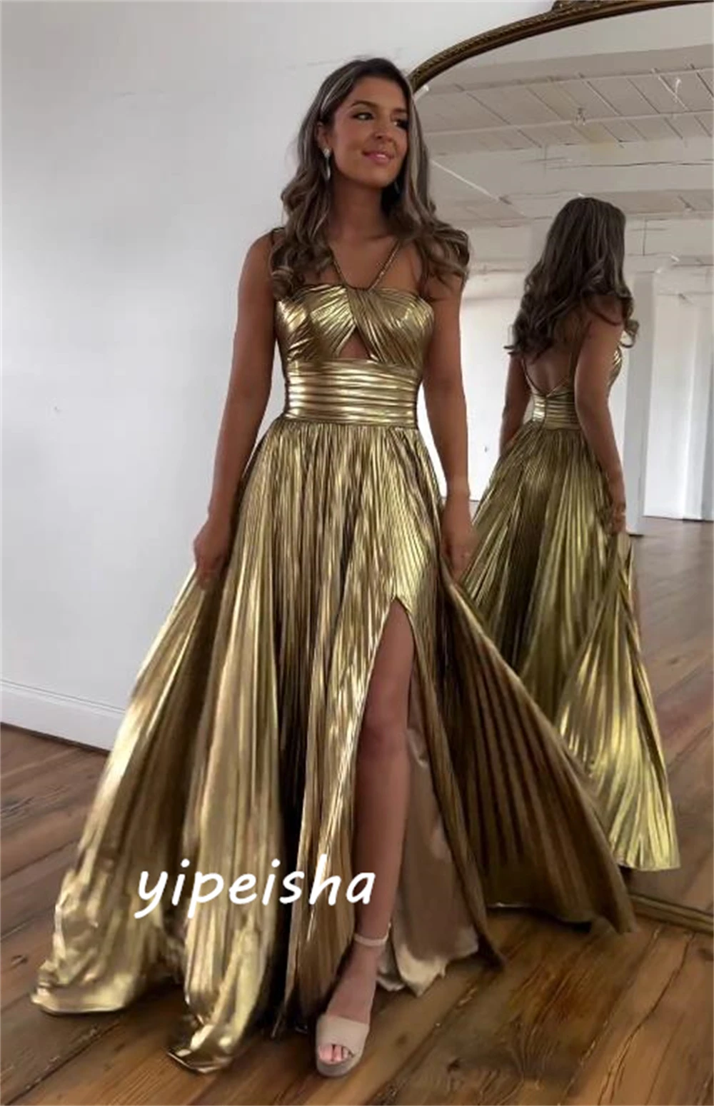 Customized   Sexy Casual  Satin Ruched Beach A-line V-neck Bespoke Occasion Gown Long Dresses