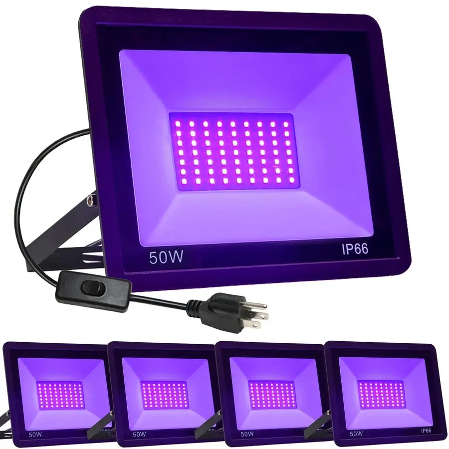 

4 Pack 50W LED Black Lights, Flood Blacklight with Plug, IP66 Waterproof Outdoor UV Spotlight for Dance Party Large Space, Glow