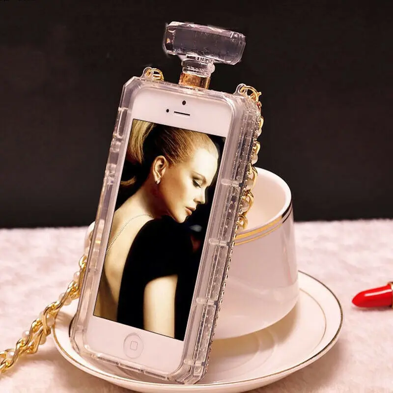 Luxury Shiny Bling Diamond Perfume Bottle Phone Case For iPhone 11 12 13 14 15 Pro Max XS XR 7 8 Plus With Chain DIY Back Cover