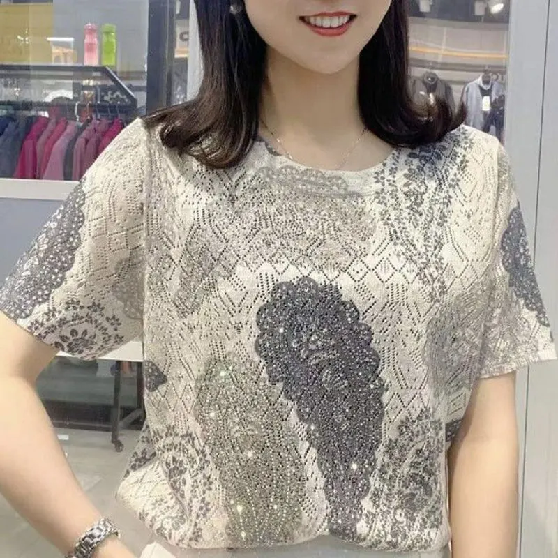 Women's Clothing Vintage Paisley Printed Pullovers Casual 2024 Summer Chic Diamonds Loose Commute O-Neck Short Sleeve T-shirt