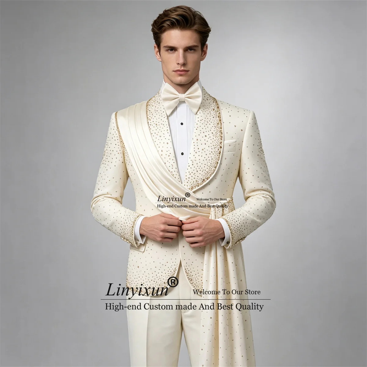 Customized Shiny Beaded Diamond Men Suits Wit Cape Tail Groom Male Blazers 2 Pieces Sets Wedding Party Tuxedos Costume Homme