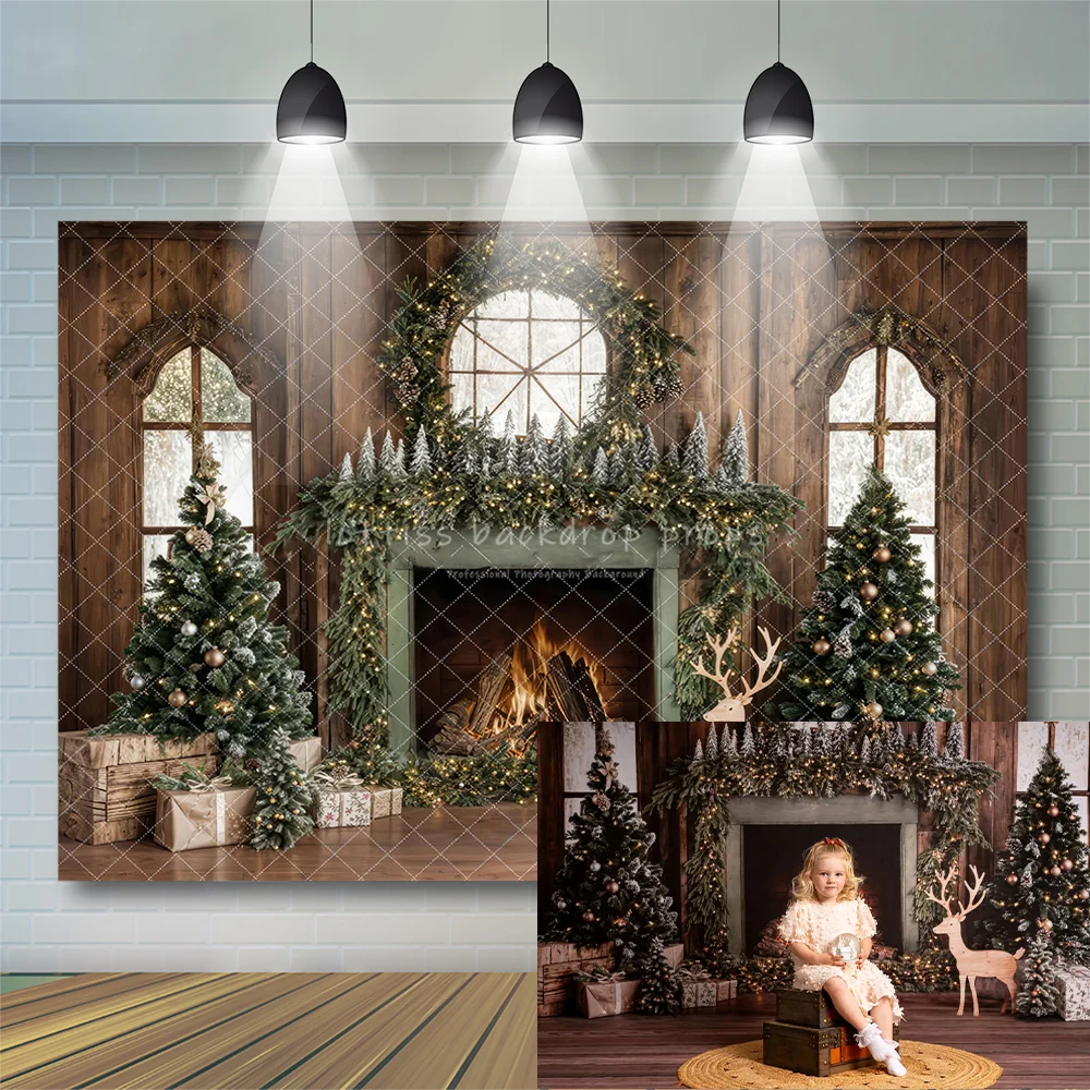Christmas Tree Wood Fireplace Wreath Deer Backdrops Kids Baby Photography Props Wooden Cottage Windows Backgrounds