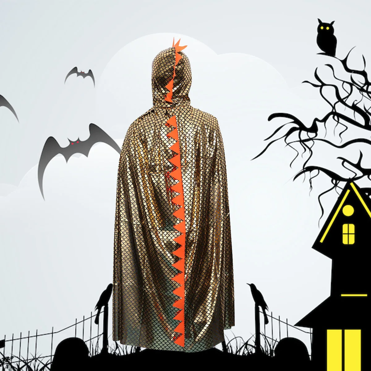

Dragon Pattern Kids Cloak 150Cm Golden Hooded Costume For Halloween Party Role Play Performance Festival Dress Up Children