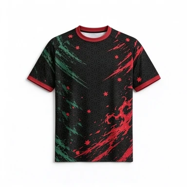 Ghost Slayer Character # 8 Flame Print Black, Red, Green Contrasting Anime Mesh Casual Cosplay Streetwear Top