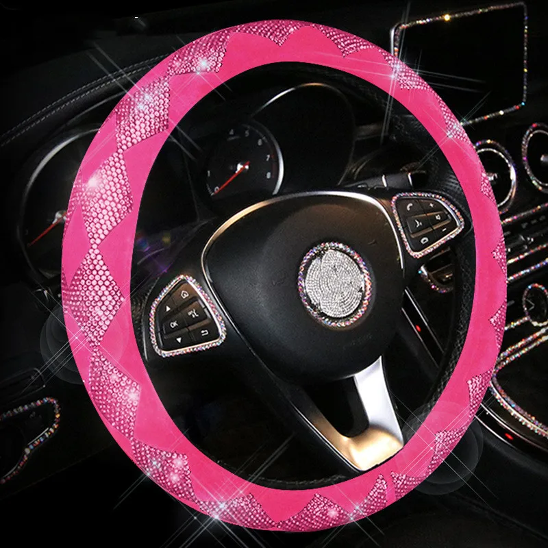 Sparkling Pink Blingbling Car Interior Ornaments Decorative Car Steering Wheel Cover Tissue Box Car Waist Neckpillow