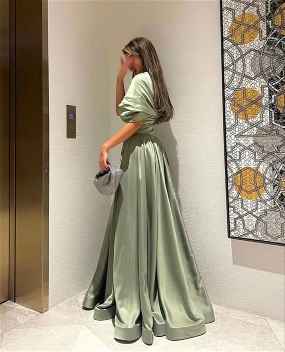 Customized Elegant Mustard Green Prom Dress 2024 Sexy Short Sleeve مناسبة رسمية Off Shoulder A-line Vestidos De Noche Fashion Cl