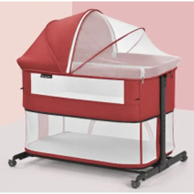 Multifunctional Crib with Aluminum Frame and Linen Fabric Modern Design Includes Changing Table and Large Activity Area for
