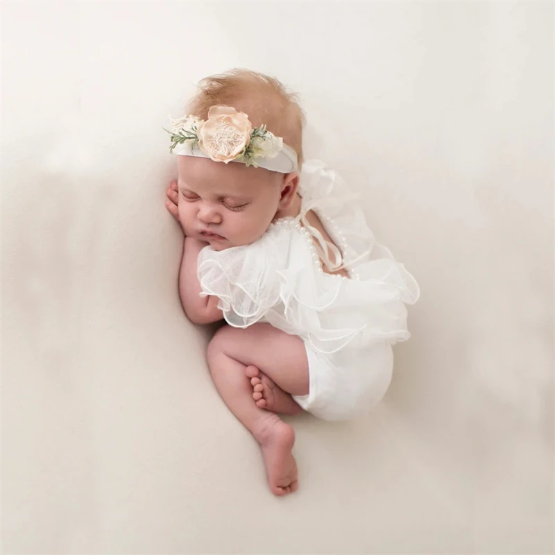 0-2 Months Baby Photography Clothing White Fairy Romper With Lace Pearls Newborn Girl Photo Shoot Costumes Ruffles Chiffon