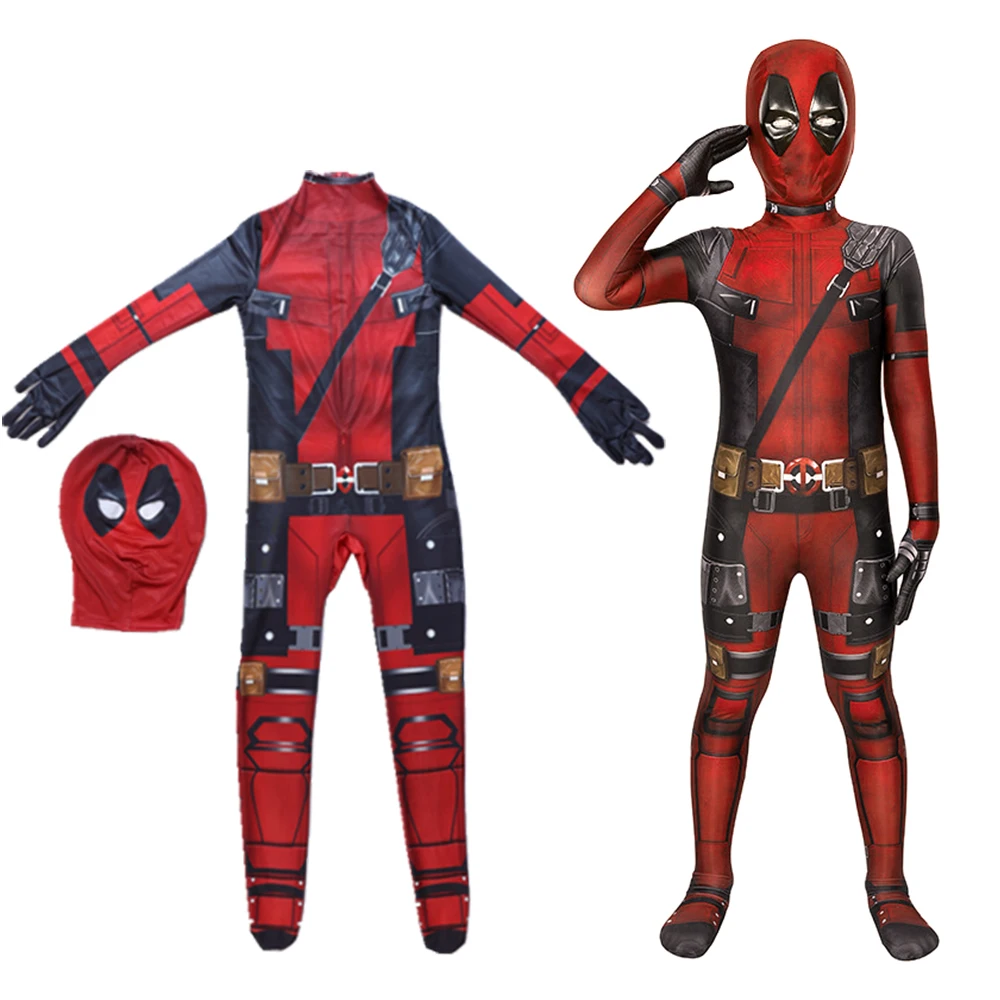 2PCs Superhero Deadpool Costumes Boys Children Halloween Cosplay Jumpsuit Full Body Suit with Cape Movie Character Wade Wilson