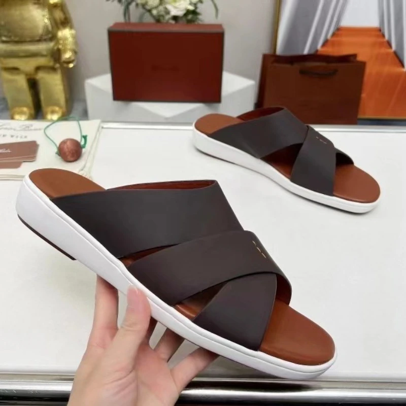 

New Men's Leather Slippers 2024 Leather Top Layer Cowhide Flat Sole Wear Cross Personality Casual Men's Slippers