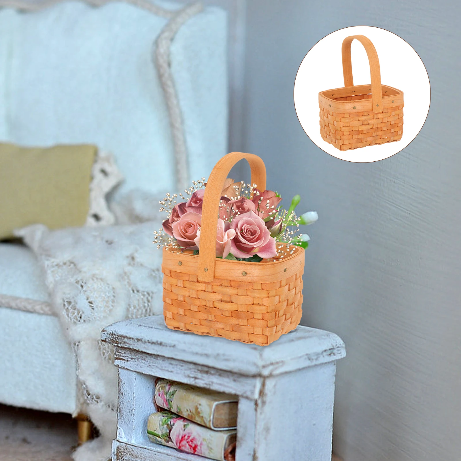 

2 Pcs Picnic Basket Mini Shopping Flower with Handle Cute Small Storage Light Brown Bamboo Baskets