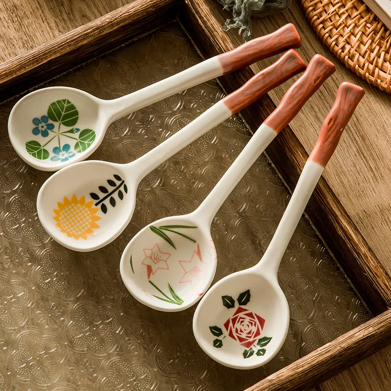 Ceramic Spoon Household Japanese Spoon Long Handle Round Head Soup Ladle Congee Exquisite Spoon Tableware