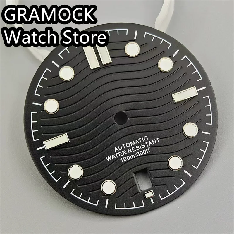 GRAMOCK 31mm Watch Dial Black White Blue Green Dial Green Luminous Fit NH35 Movement 6 O\'clock Date Window