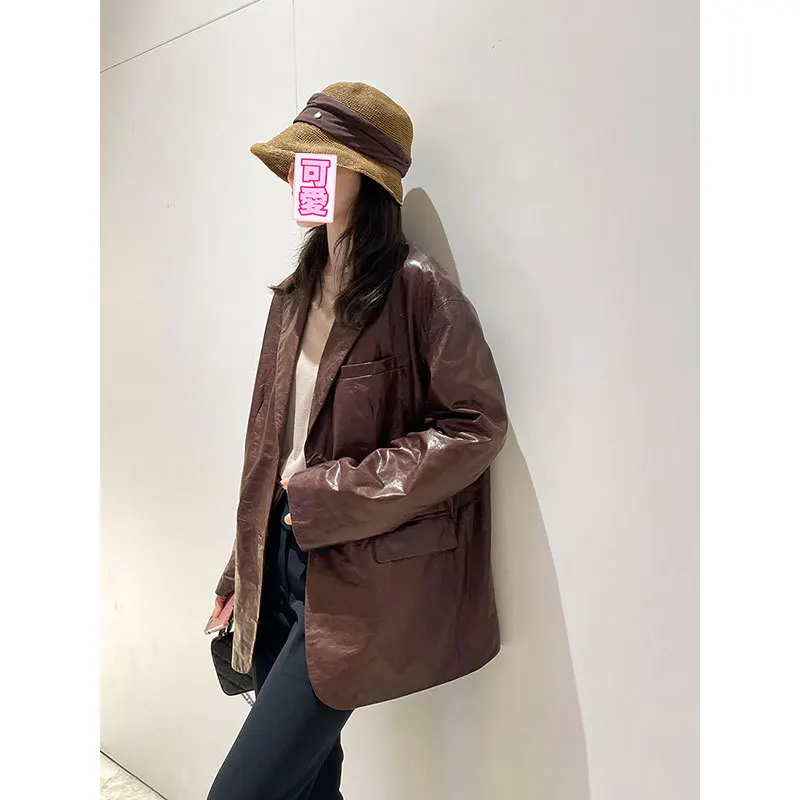 oversize suit jacket Casual sheepskin leather woman