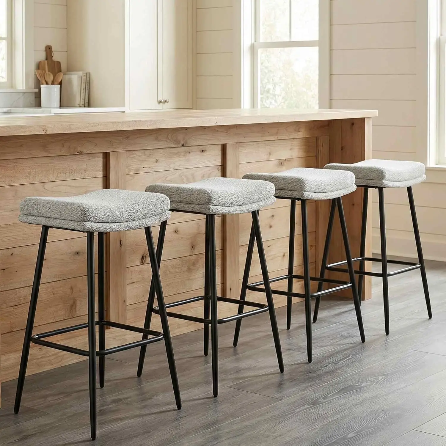 26 inch Counter Height Bar Stools Set of 4, Backless Saddle Barstools for Kitchen Counter and Dining Room, White Boucle, Custom