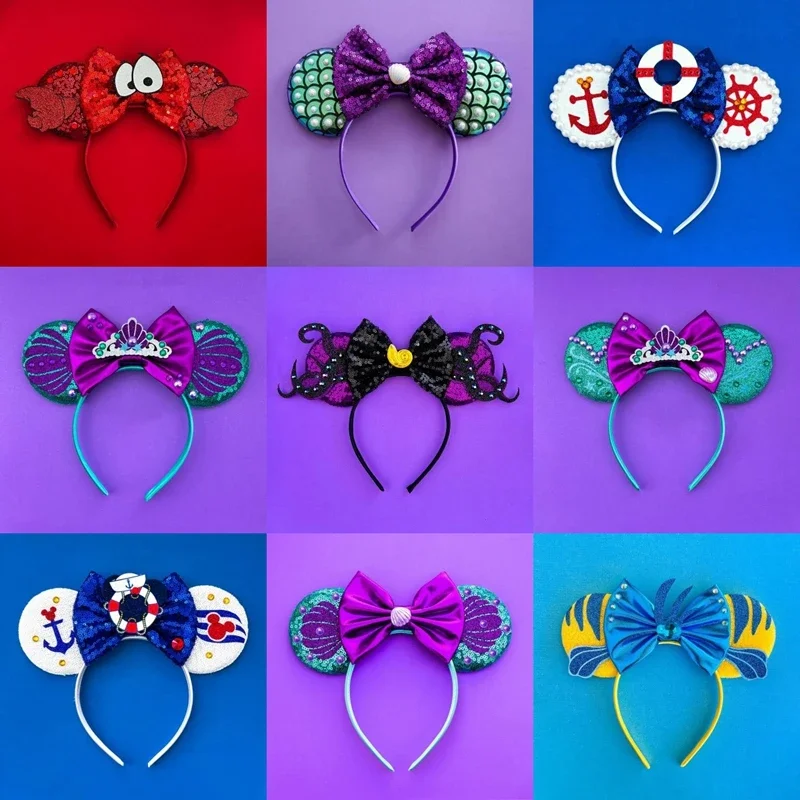 Diademas con orejas de La Sirenita de Disney para adultos, cintas para el pelo, diademas con volantes, lazos para mujer, accesorios para el cabello, regalos para niñas