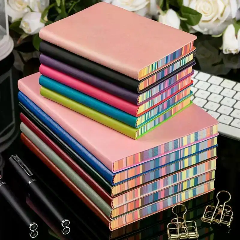 1pc A6 Soft Leather Cover Rainbow Edge Notebook with 100 Sheets Office School Student Work Meeting Record Book Office Diary