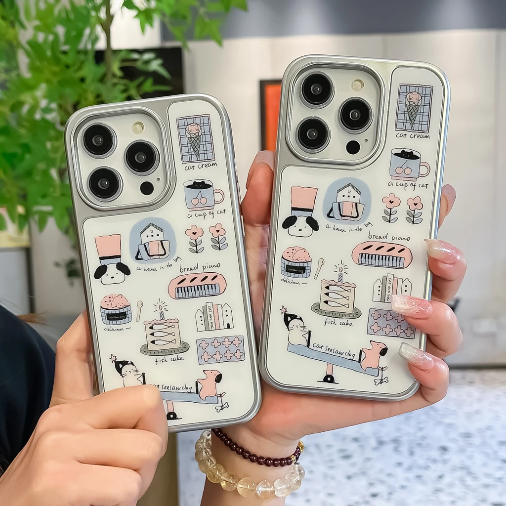 

Веселый мультяшный щенок, качели, иллюстрация, серебряная рамка, противоударный защитный чехол для телефона для iPhone 16, 15, 14, 13 Pro Max