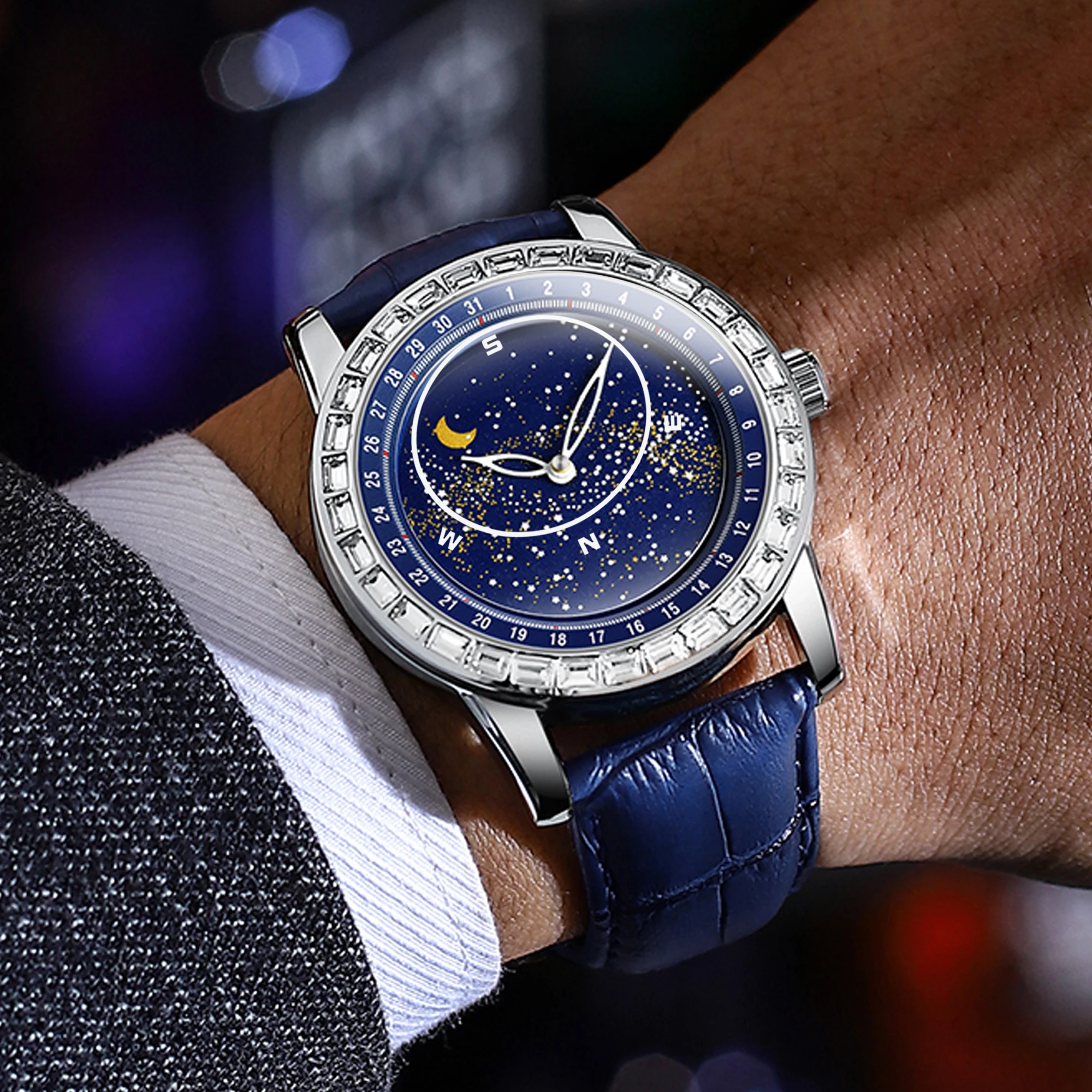 BINBOND Men's Starry Sky Disc Diamond Watch Fashion Business Leather Strap Luxury Star Moon Phase Men's Watch