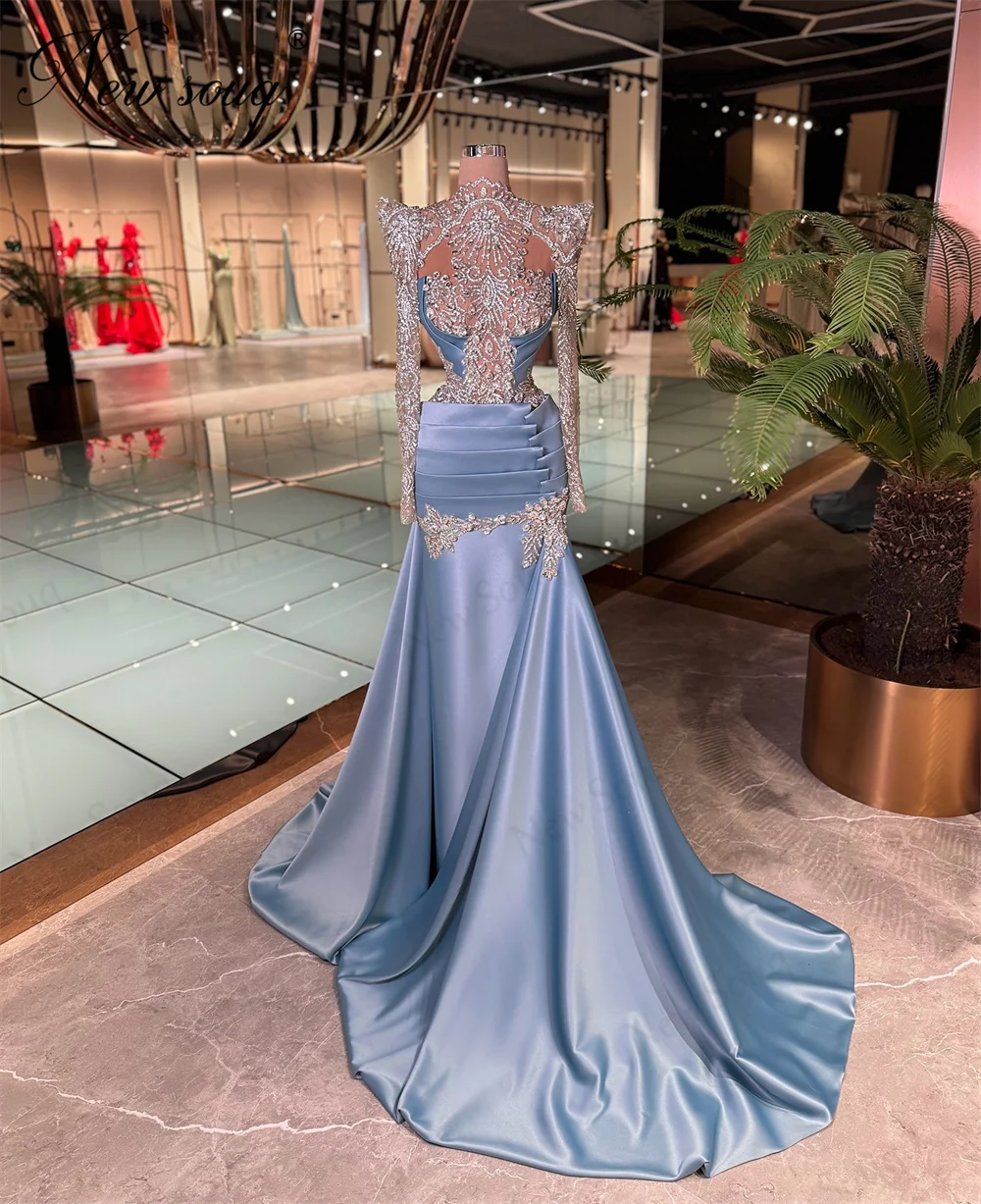 

Customized Blue Mermaid Prom Dresses Elegant Dubai Design Beading Evening Dress Birthday Cocktail Party Gowns Vestido Blanco