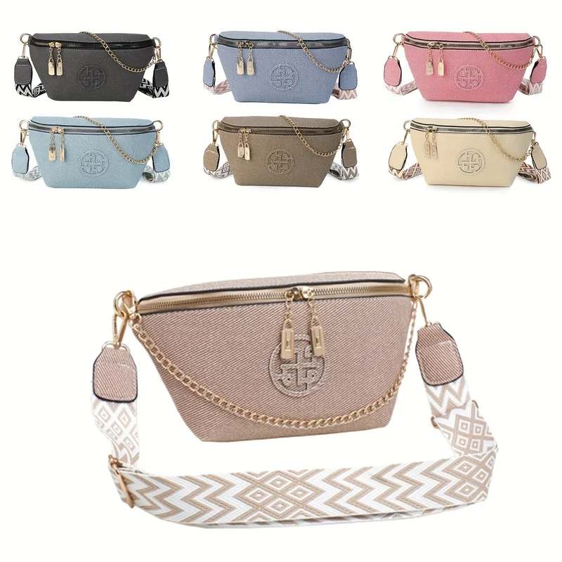 

Large Capacity Adjustable Chain Waist Bag - Convertible Shoulder Bag, Velcro Closure, Beige/Black/Blue/Pink/Gray, Unisex,