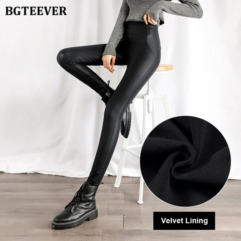 

BGTEEVER Winter Matte Pu Leather Leggings Women Slimming High Waist Tights Stretch Soft Thin Fleece Warm Leggings for Women