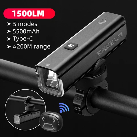 Lanterna de Bicicleta ROCKBROS 1500LM 5000mAh, Luzes para Bicicleta IPX6, Alumínio, Recarregável Tipo-C, Ajuste Inteligente de Brilho, Lâmpada para Ciclismo